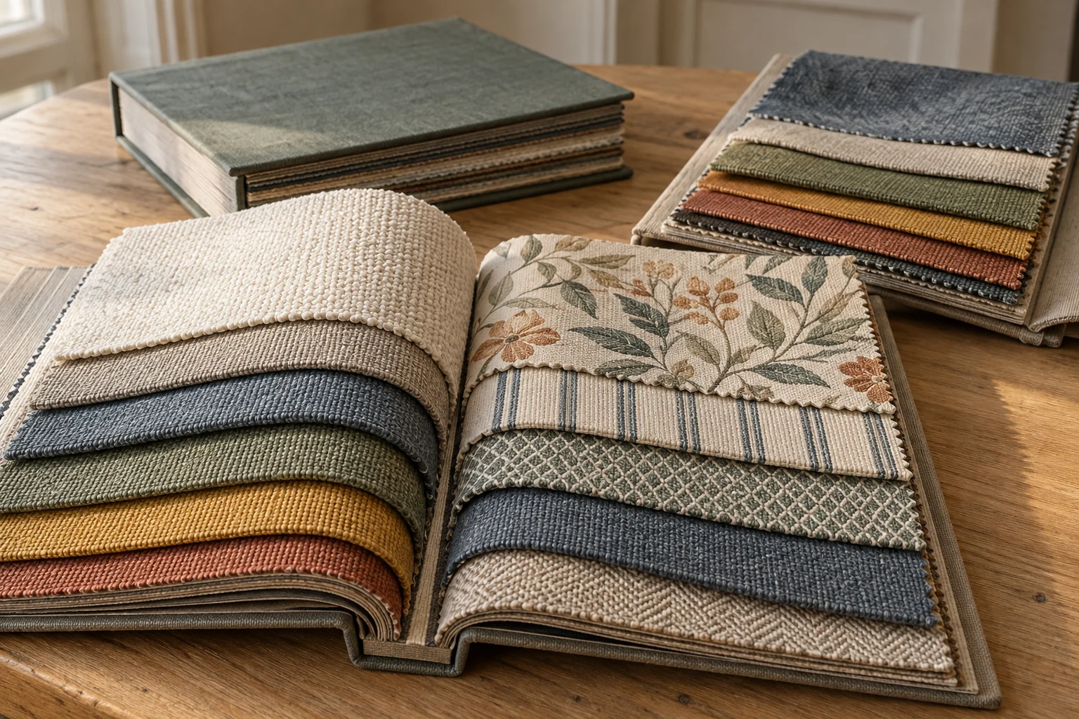 Illustration of fabric sample books showing a range of colours and textures.